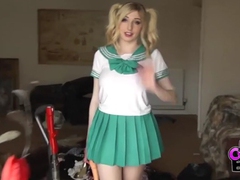 Find-Best-Lingerie.com presents: Costume babe in a miniskirt fucks a toy outdoors