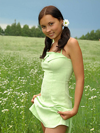 Find-Best-Lingerie.com presents: Marvelous nude babe with two pretty ponytails has a walk in the field of chamomiles and fondles her tender skin with them.