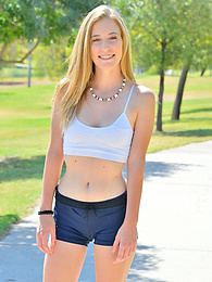 Find-Best-Lingerie.com presents: Sporty blonde babe Dakota strips her clothes and flaunts her hot body outdoors