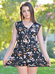 Find-Best-Lingerie.com presents: Svelte american dark-haired teen Kylie Quinn in shorts toys her twat outdoor