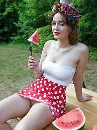 Find-Best-Lingerie.com presents: Nice belarusian stunner Rokki removes all clothes on a blanket in a backyard
